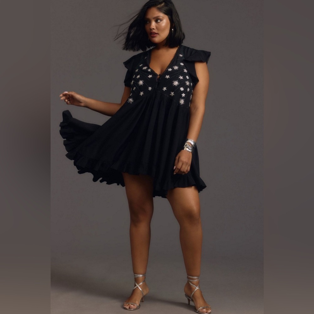 Anthropologie V-neck sequin deco swing beaded Black Embroidered Women's Dress